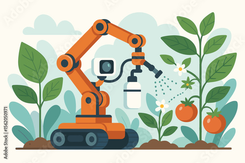 Smart agricultural robot analyzing plant health, spraying foliar fertilizer and pollinating fruit and vegetable crops, automated detection, precision farming, modern technology vector illustration