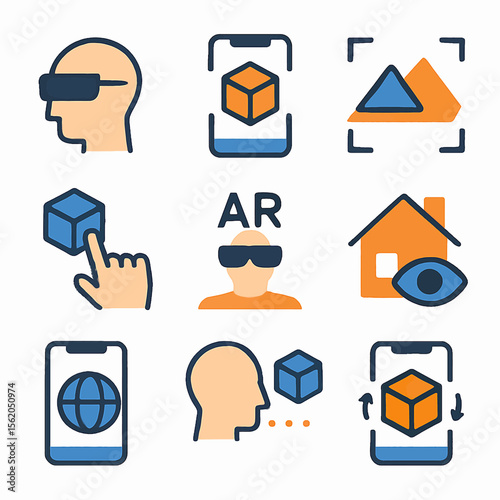 Augmented reality vector icons set featuring headset, cube, phone, and landscape view