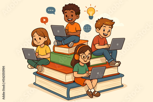 Diverse children learning online with laptops, sitting on stacked books. Digital education, e-learning, distance learning, technology in classroom. Cartoon vector illustration for school concept