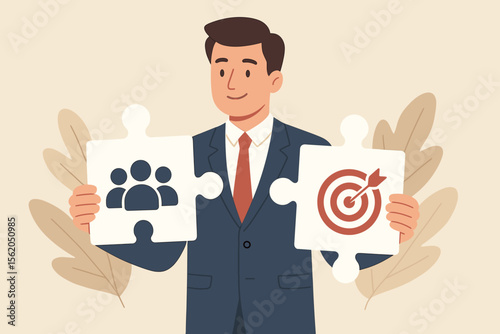 Businessman Holding Jigsaw Puzzle Pieces with Teamwork and Target Icons. Partnership, Collaboration, Unity, Cooperation, Business Strategy, Goal Achievement, Team Building, Corporate Solution Concept