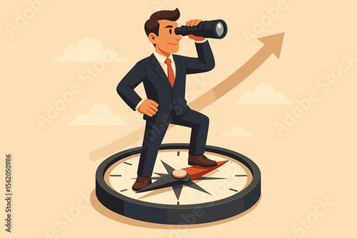 Visionary businessman standing on compass looking through binoculars, leadership direction, future planning, strategy, business growth, guidance, success concept, vector illustration