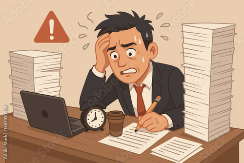 Overworked businessman stressed by paperwork overload, tight deadlines, office anxiety, time pressure, project management crisis, cartoon vector illustration, workplace burnout, deadline warning