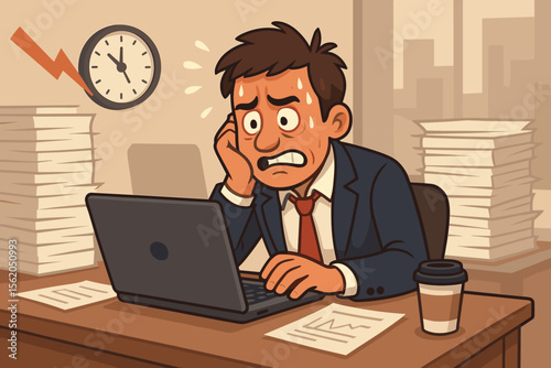 Overworked businessman stressed at office desk with laptop, coffee, paperwork stacks, deadline pressure, time management crisis, cartoon vector illustration, corporate burnout, workplace anxiety