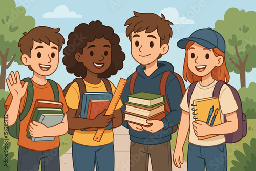 Diverse group of teenage students outdoors with backpacks, books, notebooks, and school supplies. Back to school concept. Education, learning, friendship, teamwork. Cartoon vector illustration.
