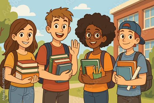 Diverse group of teenage students with backpacks, books, and school supplies standing outdoors in front of school building. Back to school, education, learning, academic year preparation concept
