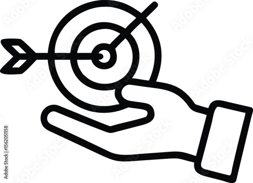 Outline hand holding a target with arrow hitting the bullseye in center