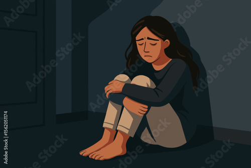 Sad woman sitting alone in dark room, depression anxiety loneliness concept, mental health crisis, emotional distress, solitude, modern flat vector illustration, film noir mood