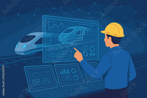 Engineer operating virtual control panel interface for smart train railway technology, data analysis, electric systems monitoring, transportation network, modern rail infrastructure, innovation