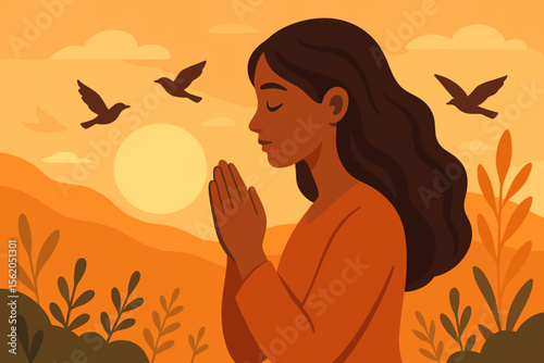 Peaceful woman praying at sunset, free birds flying, serene nature landscape, spiritual meditation, mindfulness, hope, freedom, modern flat vector illustration, tranquil outdoor scene