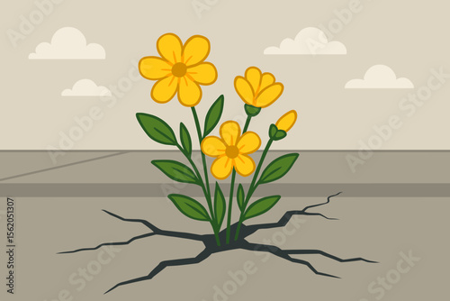 Resilience Concept Yellow Flowers Growing Through Cracked Cement Pavement Urban Nature Survival Hopeful Spring Bloom Flat Vector Illustration Perseverance Breaking Concrete Adversity Overcome