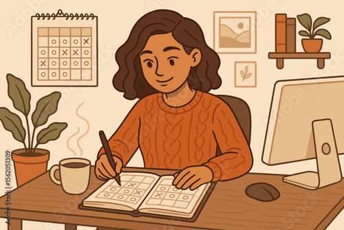 Woman planning daily schedule with notebook and coffee in cozy home office. Vector illustration of productivity, organization, remote work, time management, workspace, plants, and modern lifestyle.