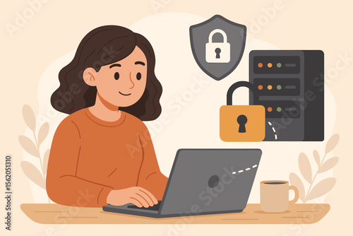 Woman Using Laptop with Secure Server Connection, Data Protection, Cybersecurity Concept, Cartoon Vector Illustration, Internet Safety, Privacy Shield, Lock Symbol, Digital Security