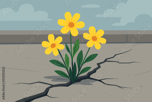 Resilient yellow flowers blooming through cracked cement pavement. Urban nature survival concept. Hope, perseverance, strength, growth, adversity. Modern flat vector cartoon illustration.