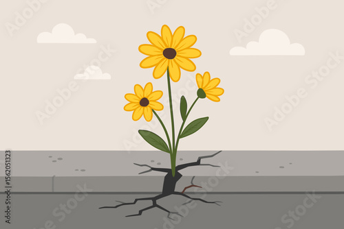 Resilient yellow wildflowers breaking through cracked cement sidewalk, urban nature, perseverance, hope, growth, survival, adversity, city street, modern flat cartoon vector illustration