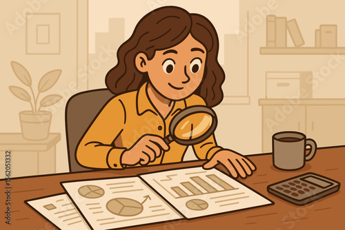 Businesswoman analyzing financial reports with magnifying glass in modern office. Cartoon vector illustration of woman examining charts, graphs, data, paperwork, audit, research, finance, accounting