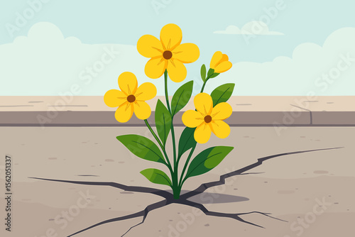 Resilience concept yellow flowers blooming through cracked cement street. Urban nature survival, hope, overcoming adversity, growth, perseverance. Modern flat vector cartoon illustration