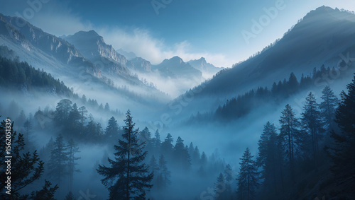 Misty mountains landscape forest trees nature fog blue scenic travel outdoor wilderness alpine peaks view