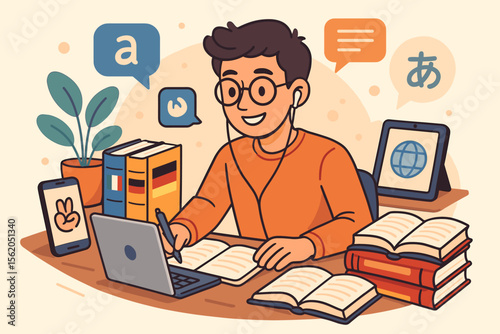 Multilingual Student Studying Foreign Languages with Books, Laptop, Digital Devices, Online Learning, Language Exchange, Education Concept, Modern Study Environment, Vector Cartoon Illustration