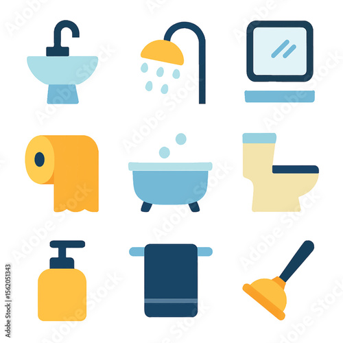 Bathroom vector icons showcasing essential fixtures and amenities in a modern style