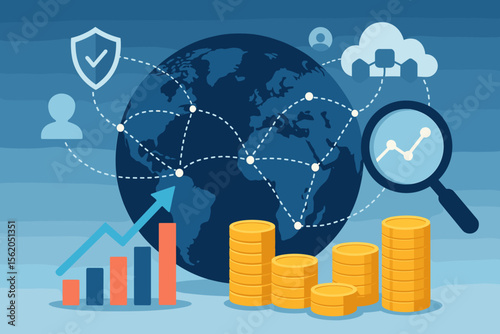 Global business network concept with financial growth chart, data analysis magnifier, and cloud technology security. International economy and investment strategy vector illustration.