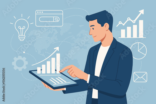 Businessman analyzing digital marketing strategy on tablet for business growth. SEO, data analytics, and financial report concept. Vector illustration with infographic elements.