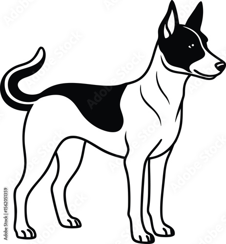 Alert Standing Cartoon Dog in Clean Black and White Outline Vector Illustration