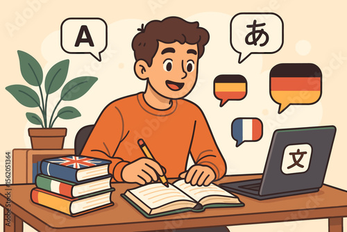 Young man learning multiple languages with books and laptop, language study, international communication, multilingual education, online language learning, cartoon vector illustration