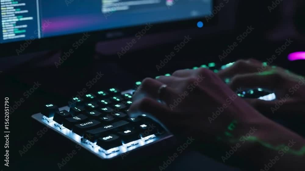 Nighttime Coder: Hands Typing on Illuminated Keyboard