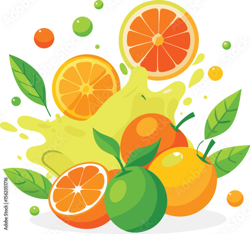 Vibrant citrus splash with oranges and limes and fresh green leaves