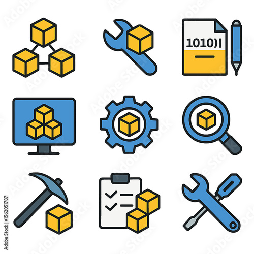 Blockchain technology icons representing data management and digital asset solutions