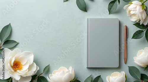Elegant flat lay with white peonies green leaves a notebook and rose gold pen