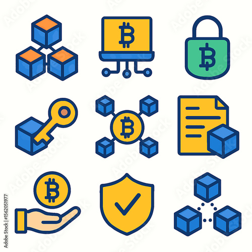 Blockchain technology illustrated with connected cubes and bitcoin symbols design