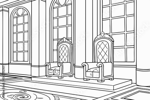 coloring book page of a grand throne room, two empty ornate thrones at the center, large stained glass windows behind them, intricate patterns on the floor and walls, symmetrical view, detailed black