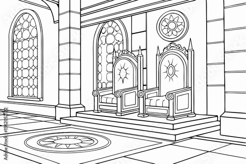 coloring book page of a grand throne room, two empty ornate thrones at the center, large stained glass windows behind them, intricate patterns on the floor and walls, symmetrical view, detailed black