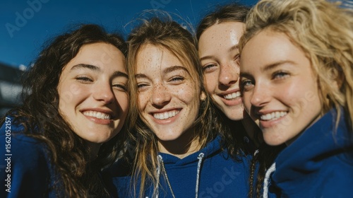 A group of diverse friends smiles outdoors, all wearing blue hoodies under a clear sky. Concept of unity and friendship in casual fashion settings.