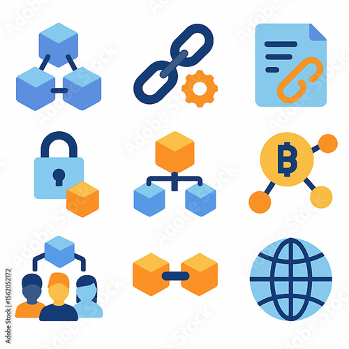 Blockchain technology network system with linked data and secure transactions illustration