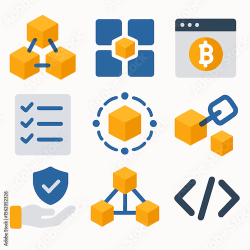 Blockchain technology vector icons illustrating decentralized secure data network