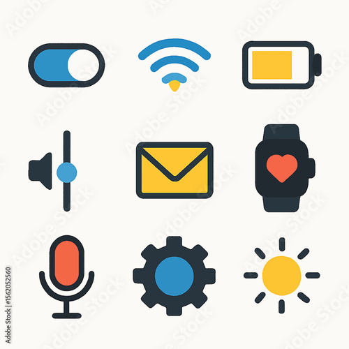 Brightly colored vector illustration of nine common device icons on a white background