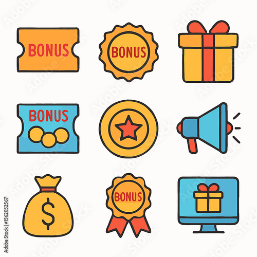 Bonus and reward icons set featuring gift box, money bag, megaphone, and computer screen