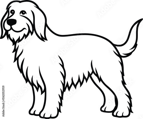 Otterhound Dog Vector Illustration of Rare Shaggy Hound Breed Standing in Side Pose Isolated on White, Otterhound Clipart Drawing, Shaggy Hound Vector, Rare Dog Breed Illustration