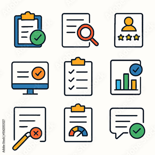 Business performance review icons set representing evaluation and analysis