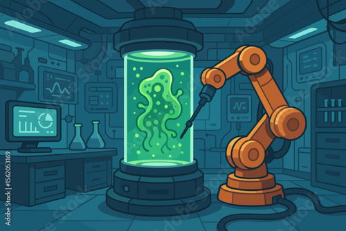 Futuristic Science Laboratory with Robotic Arm Experimenting on Alien Organism in Glass Chamber, High-Tech Equipment, Monitors, Test Tubes, Biotechnology Research, Vector Cartoon Illustration