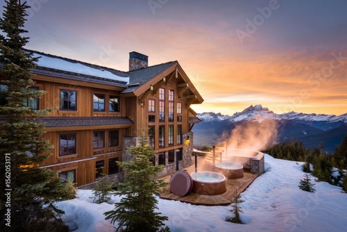 Luxury Mountain Lodge with Hot Tubs at Sunset