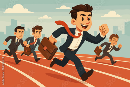 Dynamic business competition race, ambitious businessman leading rivals on track, corporate success, teamwork, leadership, motivation, career growth, city background, vector illustration