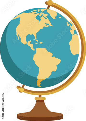 Stylized flat design globe showing north and south america on a wooden stand