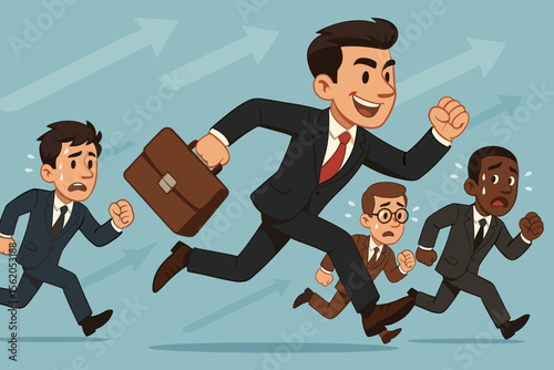 Ambitious businessman leading corporate race, outpacing diverse competitors, career competition, business growth, success concept, running executives, upward arrows, vector illustration