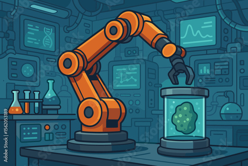 Futuristic Science Laboratory with Robotic Arm Experimenting on Alien Specimen, High-Tech Equipment, Test Tubes, DNA Research, Artificial Intelligence, Biotechnology, Vector Cartoon Illustration