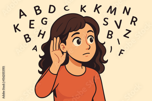 Attentive woman listening carefully surrounded by flying alphabet letters, communication concept, hearing, language learning, auditory perception, education, vector cartoon illustration