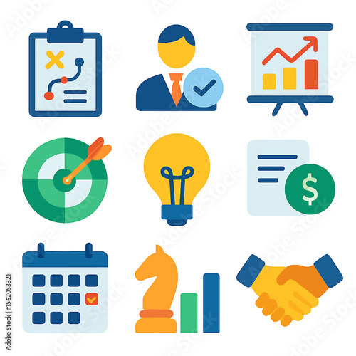 Business strategy icons depicting planning, management, growth, ideas, and teamwork