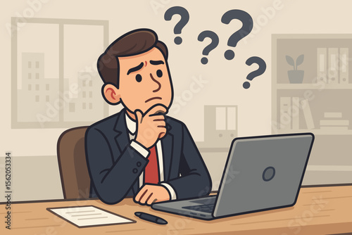 Confused Businessman Thinking at Office Desk with Question Marks, Decision Making, Problem Solving, Corporate Dilemma, Professional Uncertainty, Vector Cartoon Illustration, Workplace Concept